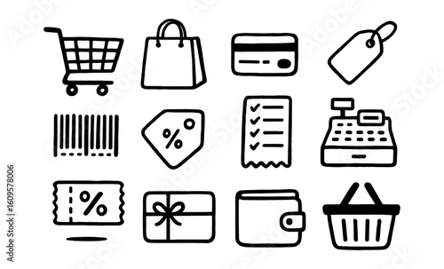 Black and white shopping icons set with hand-drawn style for retail themes