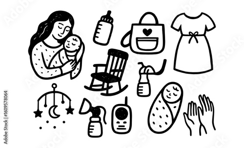 Charming motherhood elements in hand-drawn style: baby, accessories, and emotions