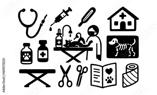 Hand-drawn veterinary icons: clinic, pets, medical tools, and care symbols