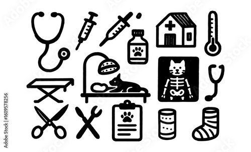 Veterinary clinic icons: medical tools, animals, and healthcare symbols