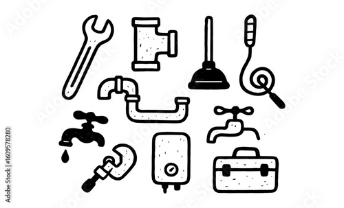 Plumbing tools and equipment set in hand-drawn sketch style