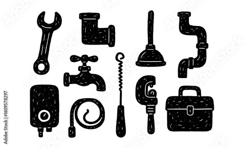 Hand drawn plumbing tools collection with plunger, wrench, and pipes