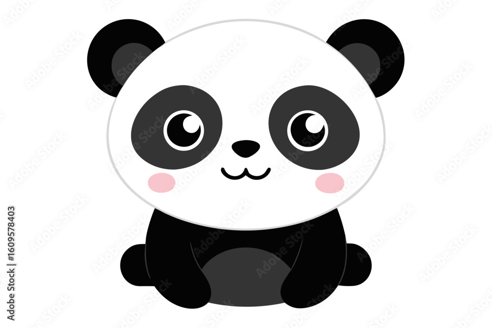 Naklejka premium Adorable cartoon illustration of a standing panda with big round eyes, blushing cheeks, and a happy smile, set against a soft pastel background.