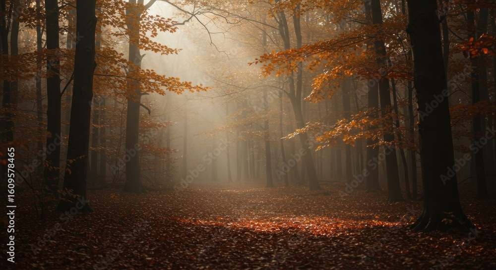 Obraz premium A misty autumn forest path illuminated by sunlight filtering through orange leaves