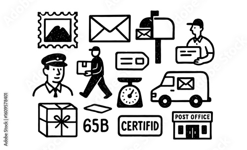 Postal service doodles with mailboxes, deliveries, and stamps in simple black and white