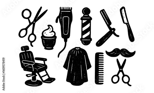 Vintage barber shop tools set in black and white with retro style elements