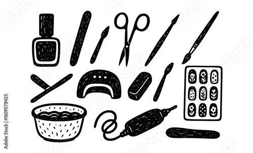 Hand drawn manicure tools set for nail art and design