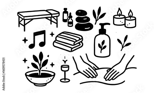 Relaxing spa elements: massage, aromatherapy, relaxation essentials in minimalist design