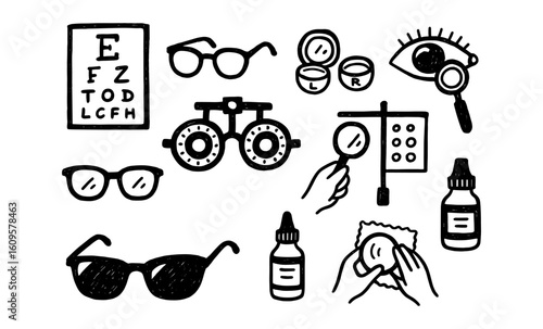 Hand drawn eye care icons collection with glasses, eye chart, and tools