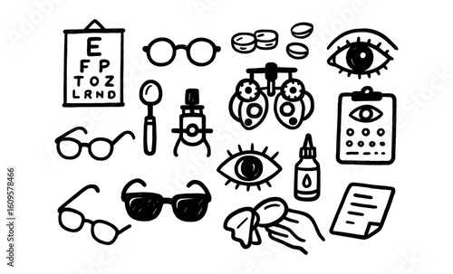Vision care and eye exam essentials: glasses, eye chart, and tools