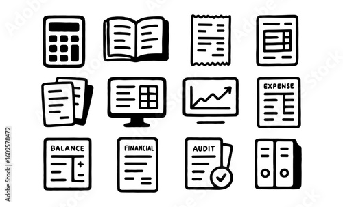 Hand drawn office icons for finance and accounting applications