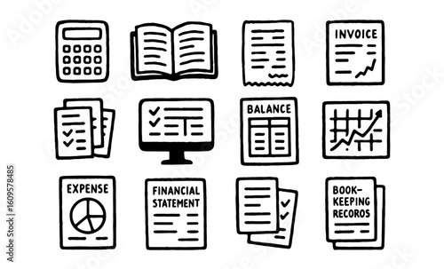 Handdrawn business finance icons collection for accounting and bookkeeping