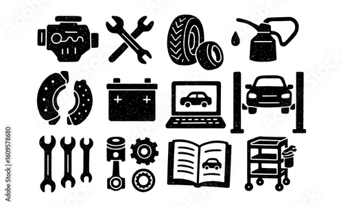 Vintage car repair tools and icons for automotive maintenance