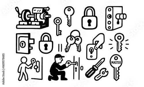 Security icon set: keys, locks, and locksmith tools in bold style