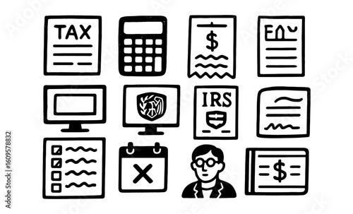Tax and finance icons set featuring calculator, documents, and computer in hand-drawn style