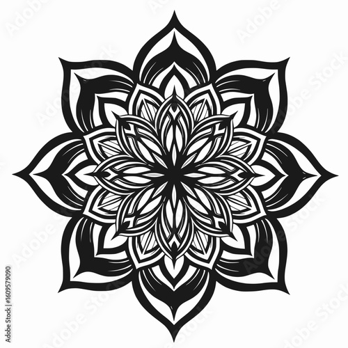 bold black solid mandala with thick lines and sharp petals placed on clean white background