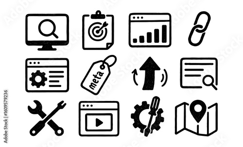 Set of hand-drawn style icons for digital marketing and seo