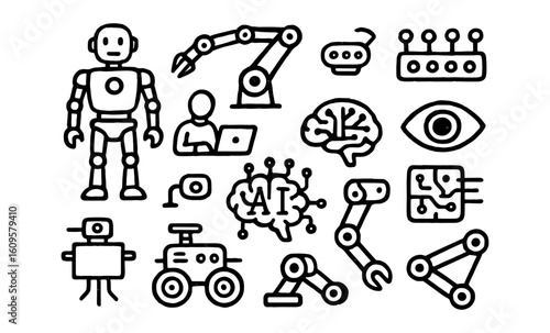 Linear ai and robotics icons: robots, automation, technology in simple black line style