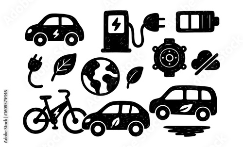 Hand-drawn eco-friendly transportation icons with electric vehicles and nature elements