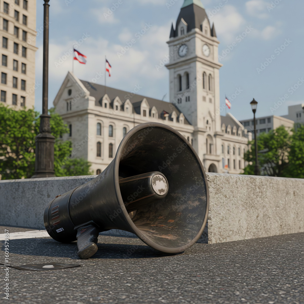 Megaphone on pavement near historic building in urban setting