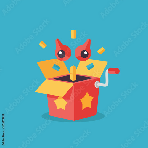 A vibrant red and yellow jack-in-the-box toy with a popping character and confetti.