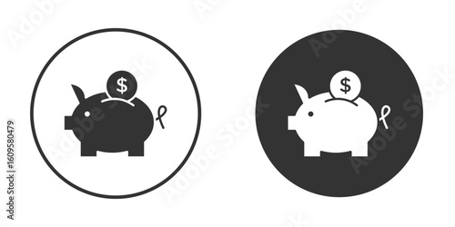 Piggy bank in trendy flat design versions in black and white.