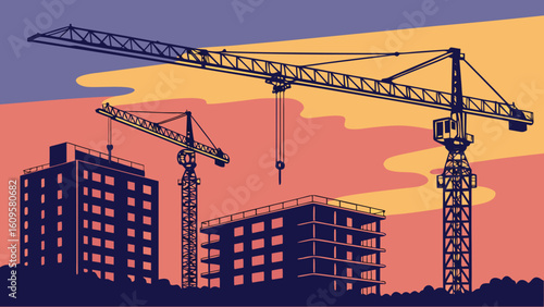 Cranes and unfinished buildings stand silhouetted against a colorful sky during construction time frame