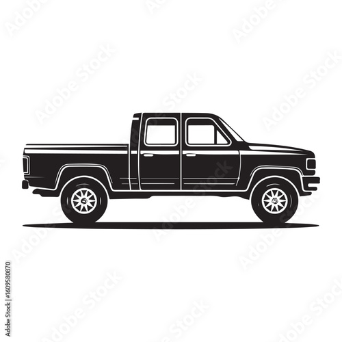  A black and white silhouette illustration of a pickup truck in profile view facing left.