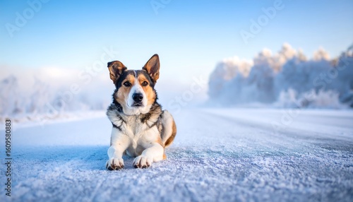 A dog rests on a snowy road