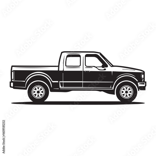  A black and white silhouette illustration of a pickup truck in profile view facing left.