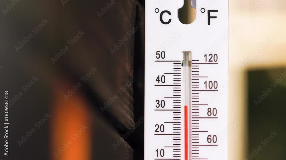 A vertical outdoor thermometer with dual Celsius and Fahrenheit scales ...