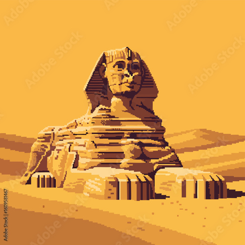 Pixelated Sphinx of Giza in Desert Landscape.