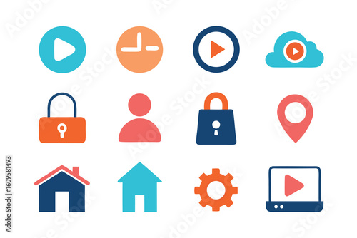 Vector art of collection of colorful flat design icons representing play, clock, cloud, and lock