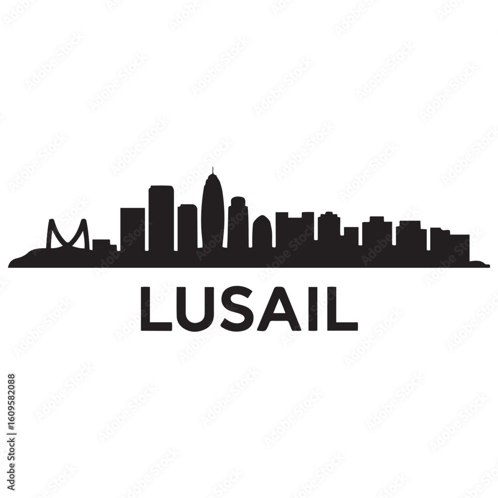 Naklejka premium Lusail city skyline. Black cityscape banner. Vector black silhouette. with white background
