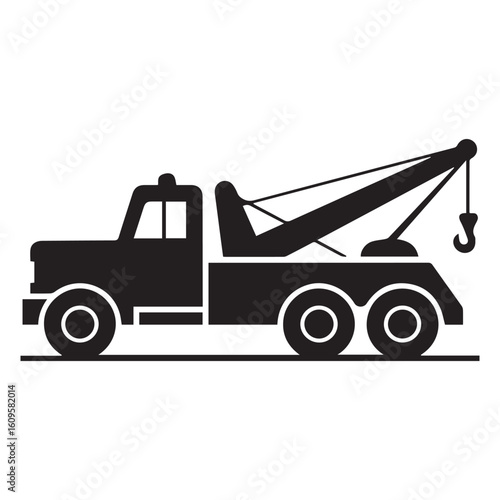 A black and white silhouette illustration of a tow truck with a minimalist, geometric style. 