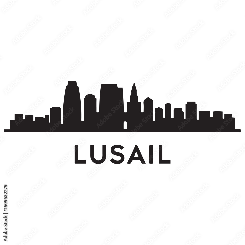 Naklejka premium Lusail city skyline. Black cityscape banner. Vector black silhouette. with white background