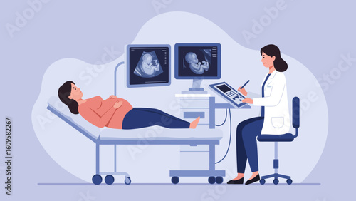 Pregnant woman undergoing ultrasound scan with doctor reviewing fetal images.
