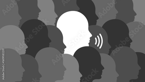 Speaking Up in Crowd Concept. Silhouette of One Voice Among Many, Individual Opinion, Communication and Leadership Idea, Standing Out, Public Speaking, Protest, Influence, Awareness