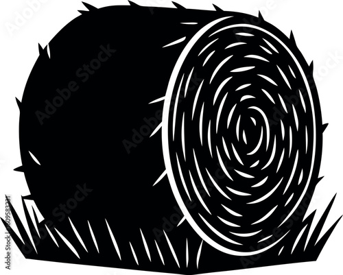 A Simple Black and White Illustration of a Round Hay Bale Resting on Grass