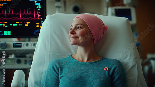 A young woman wearing a pink headscarf sits in a hospital room, looking serene and hopeful while receiving cancer treatment. 