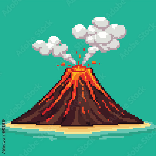 Pixel Art Volcano Erupting on Tropical Island.