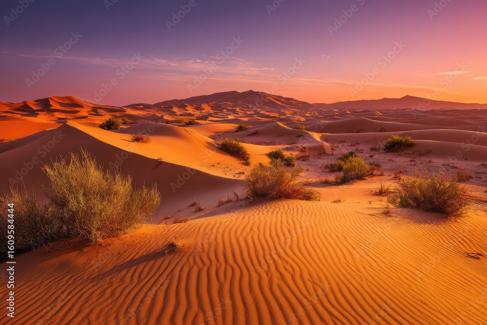 Naklejka premium Golden sands at dusk, serene desert vista featuring vibrant sunset colors, ideal for travel aficionados and nature enthusiasts craving breathtaking landscapes