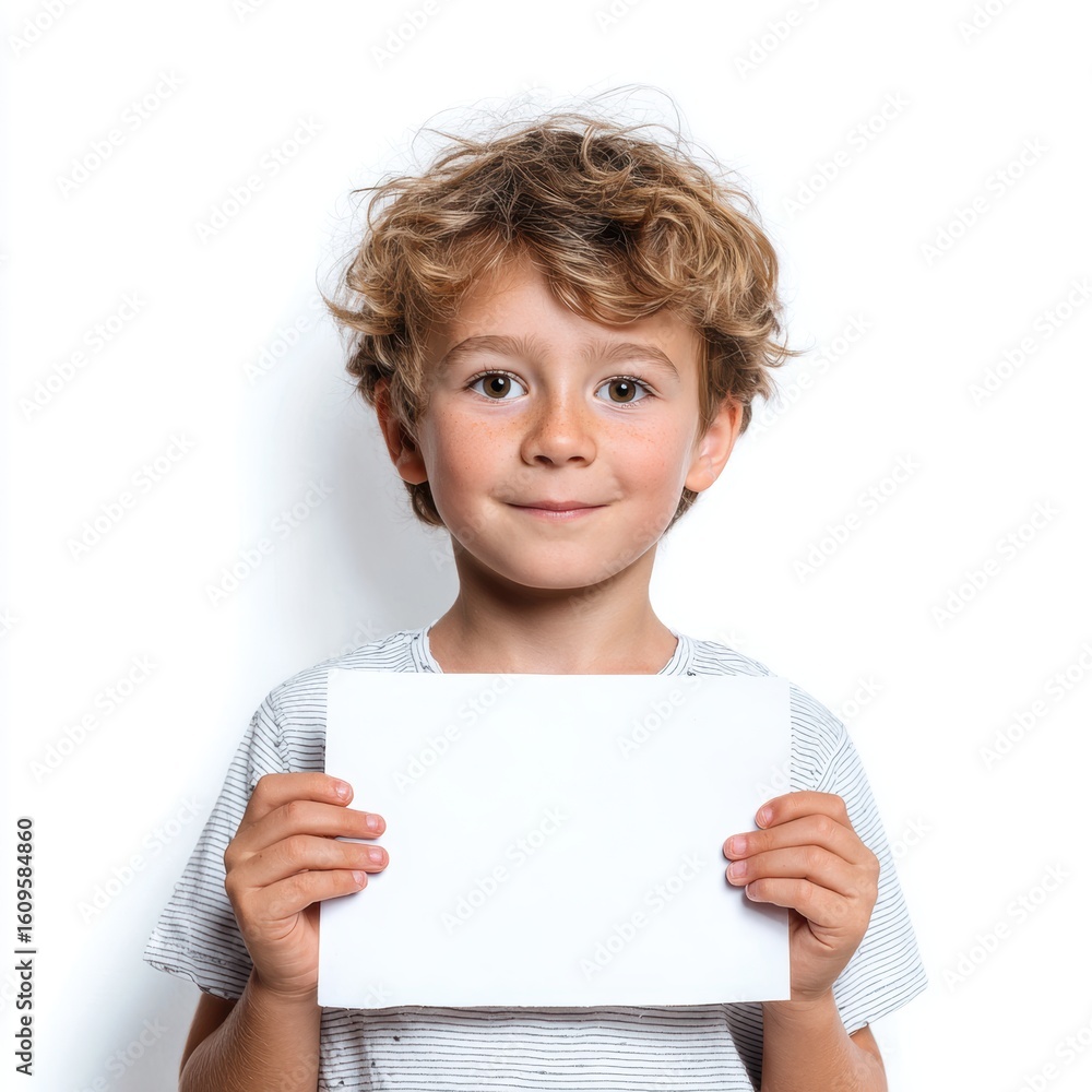 A happy child holding a drawing, looking proud, isolated on a pure white background. Creativity, art, childhood achievement. A happy child holding a drawing, looking proud, isolated on a pure white background. Creativity, art, childhood achievement.