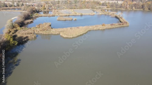 Drone video of drained ponds in autumn near the village of Jistebník. Autumn landscape of Poodří in North Moravia, Czech Republic.