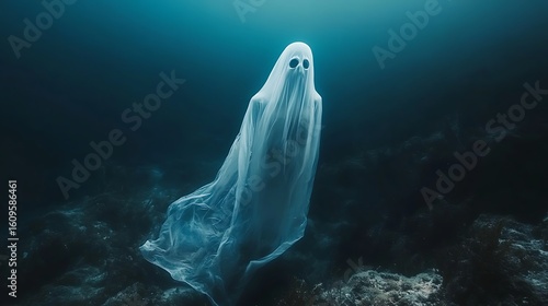 A ghostly figure draped in white sheet floating underwater with dark blue background and rocky seabed