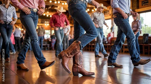 A group of people wearing cowboy boots and jeans line dancing in a rustic wooden hall with warm lighting