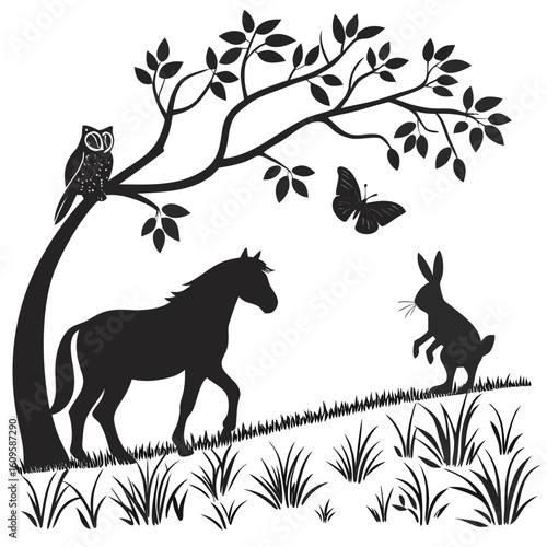 Black silhouettes of owl horse butterfly and rabbit under tree vector