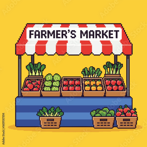 Pixel art farmers market stall with a red and white striped awning and fresh produce.