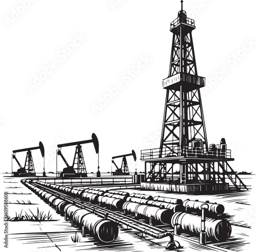Oil Industry Industrial Landscape – Vintage Line Engraving Vector Illustration