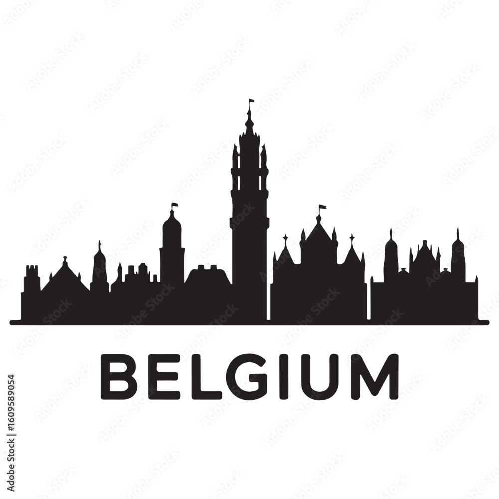 Naklejka premium Vector Belgium skyline. Travel Belgium famous landmarks. Business and tourism concept for presentation, banner, web site. Vector black silhouette. with white background